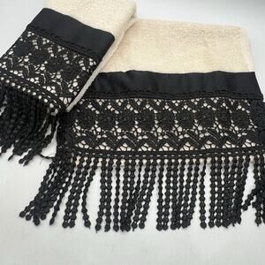 Set 3 Croscill Bathroom Hand Towels Ivory Black Crochet Lace Fringe Glam 18"